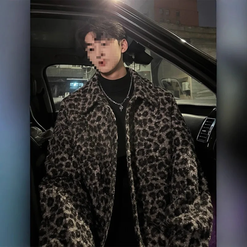 

Leopard Print Wool Blend Coat for Men Fall Winter Cool Korean Style Lazy Vibe Woolen Jacket Stylish Casual Overcoat Outerwear
