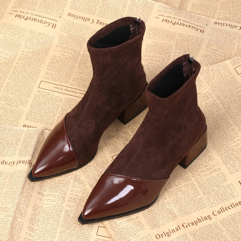 Winter Boots Women Chunky Mid Heels Suede Shoes Woman Pointed Toe  Trend Winter New Goth Walking Snow Chelsea