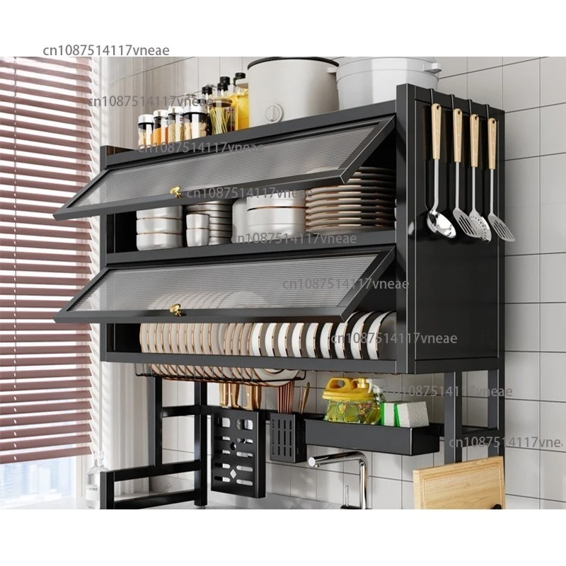 Carbon Steel Double-Layer Dishwashing Sink Rack Kitchen Countertop Dust-Proof Dishware Drain Rack