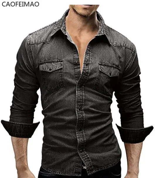 2025 New Men's Shirt Business Casual Single Breasted Fashion Solid Color Men Denim Shirts Autumn Slim Lapel Male Blue Jean Tops