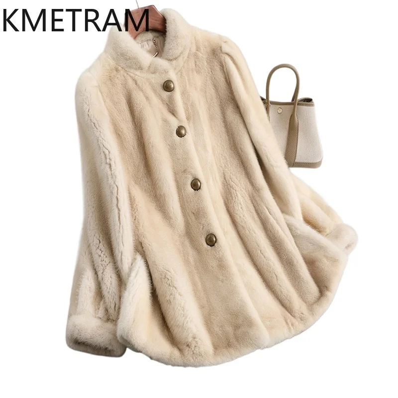 سترة نسائية فاخرة من فرو المنك لعام 100% بياقة واقفة معطف فرو حقيقي بيج ملابس شتوية للنساء سترات فروي 2025 Fourrure