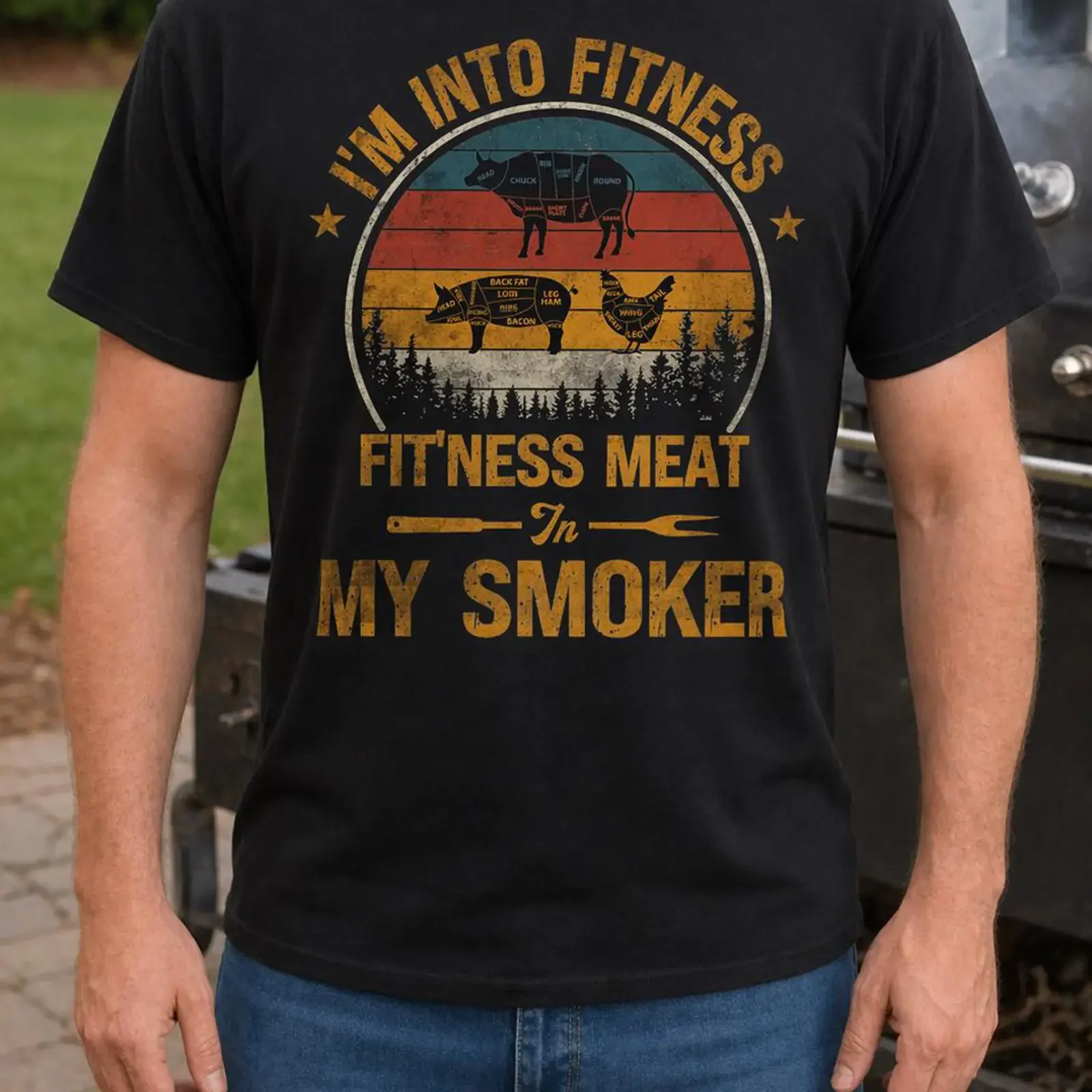 I'm Into Fitness Meat in My Smoker T Shirt BBQ Lover Grill Pitmaster vintage Washed Versatile Stretched Soft Unisex graphic