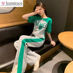 Leisure Sports Women's 2023 Summer New Fashion Round Neck Short Sleeve T-shirt Wide Leg Pants Two Piece Set Corture Tracksuit