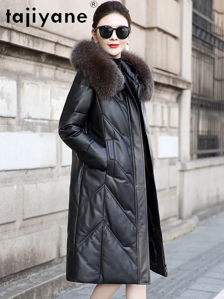 TAJIYANE トップレイヤーシープスキンホワイトグースダウンコート女性用フォックスファー襟付きパファージャケットロングフード付きコート2026冬服 가죽자켓