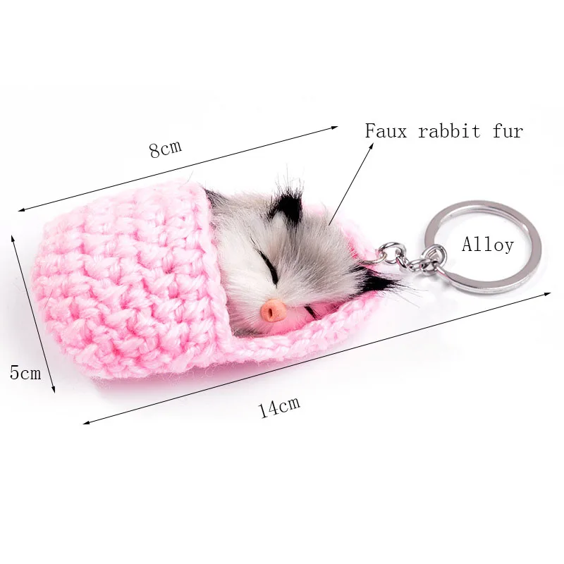 EASYA Handmade Cute Sleeping Cat Pompom Funny Bag Keychain For Women Girls 4 Colors Woven Shoes Faux Rabbit Fur Car Key Rings