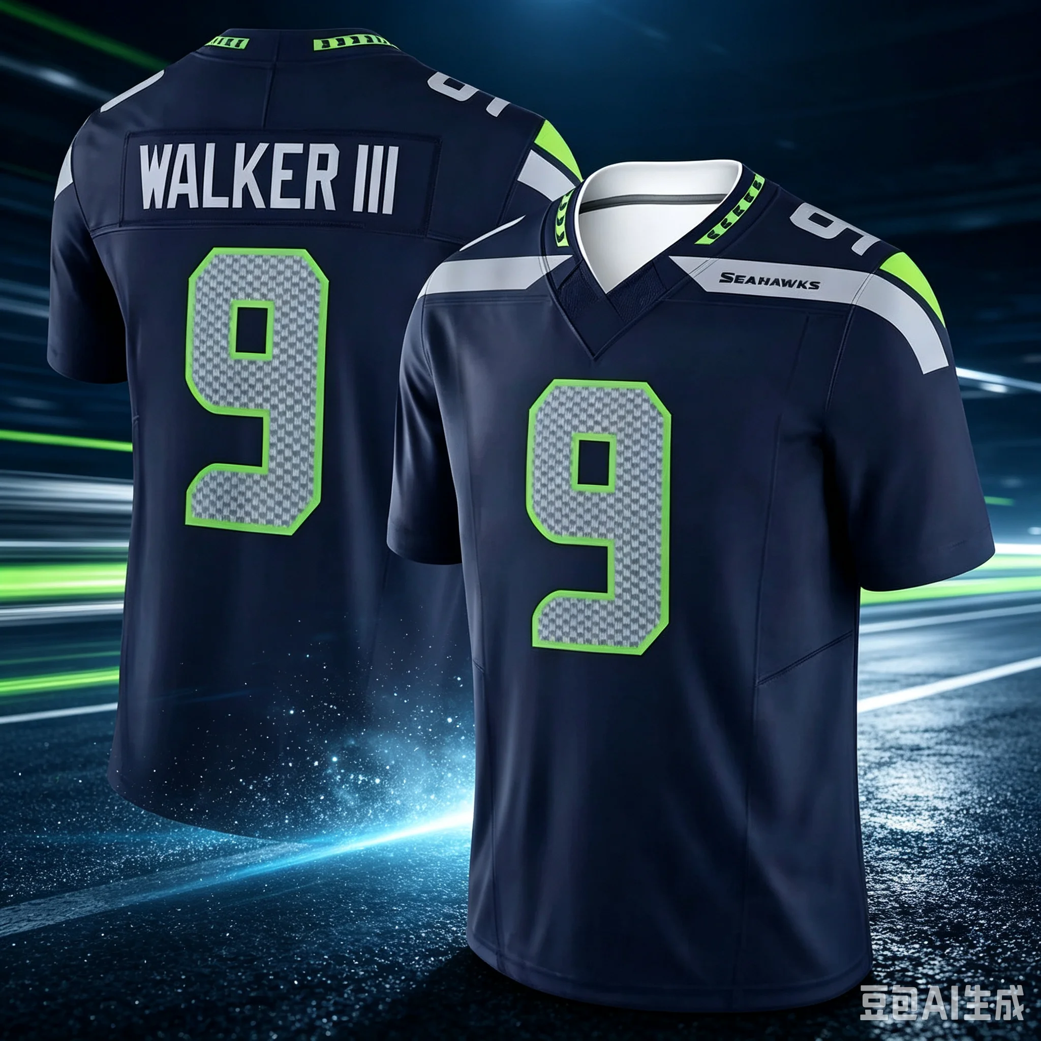 Männer # 9 Walker III Navy Home Football Trikot aus Mesh mit digitaler Nummer und neongrünem Besatz, Seahawks Game Fan Trikot, Familien-Set