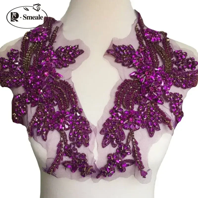 1Pair Multi-color Hand-sewn Glass Drill Mirror Flowers Sparkling Rhinestone Waistbands Shoulders Wedding Dress DIY Patch RS4075