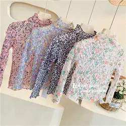 Spring Autumn Girls T Shirt Baby Tee Kids Tops Children Streetwear Clothes See Through Lace Floral Embroidery Bottoming shirt