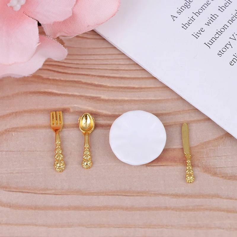 12개/세트 빈티지 인형의 집 미니어처 식기 세라믹 접시 나이프 포크 스푼