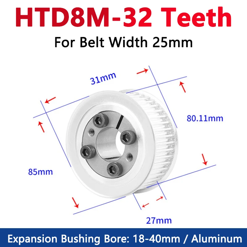 

1pc 32 Teeth HTD8M Keyless Bushing Timing Pulley HTD 8M 32T Expansion Sleeve Synchronous Wheel for Belt Width 25mm Bore 18-40mm