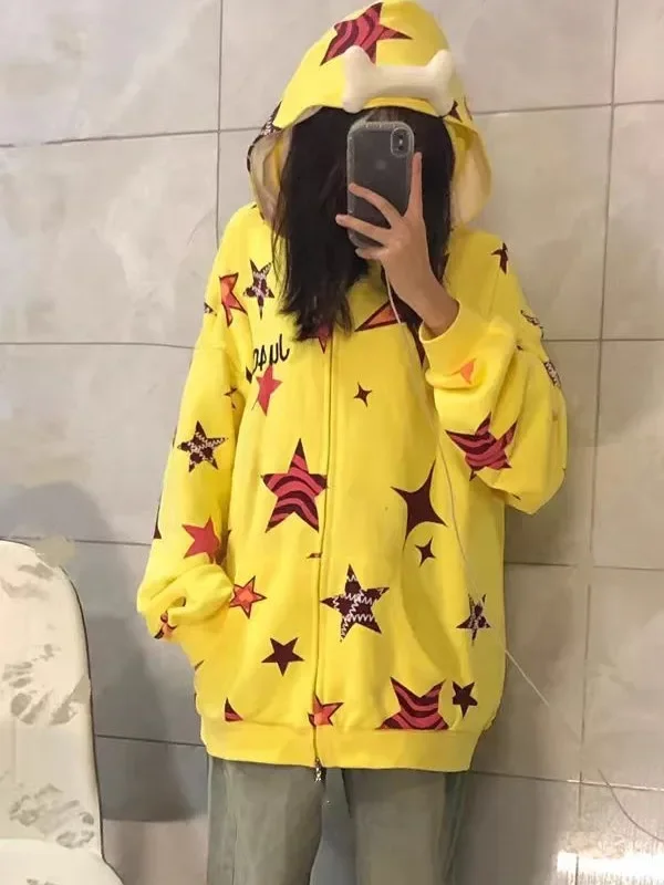 

Spring and autumn yellow star printed cardigan sweater Y2K Harajuku retro casual female zipper double hooded jacket thin section