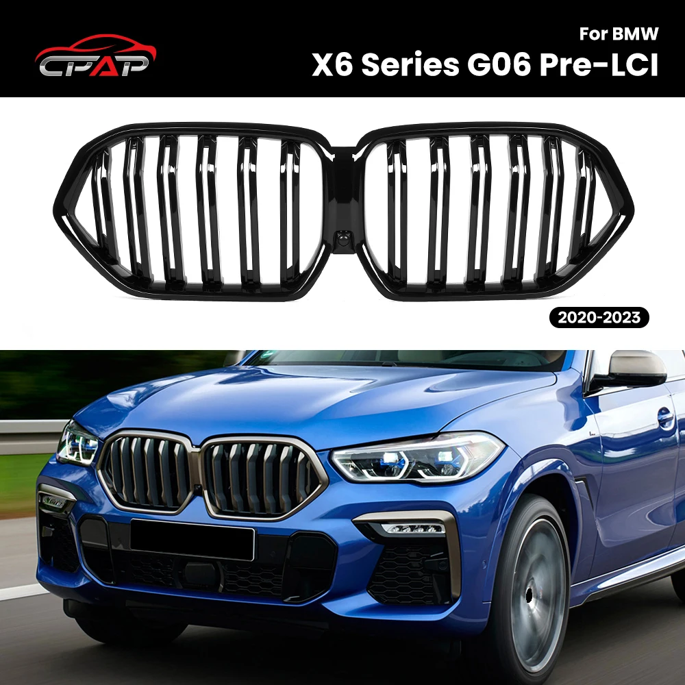 Car Front Radiator Kidney Bumper Grille for BMW X6 G06 Pre-LCI 2020-2023 Glossy Black Double Slat Hood Grills