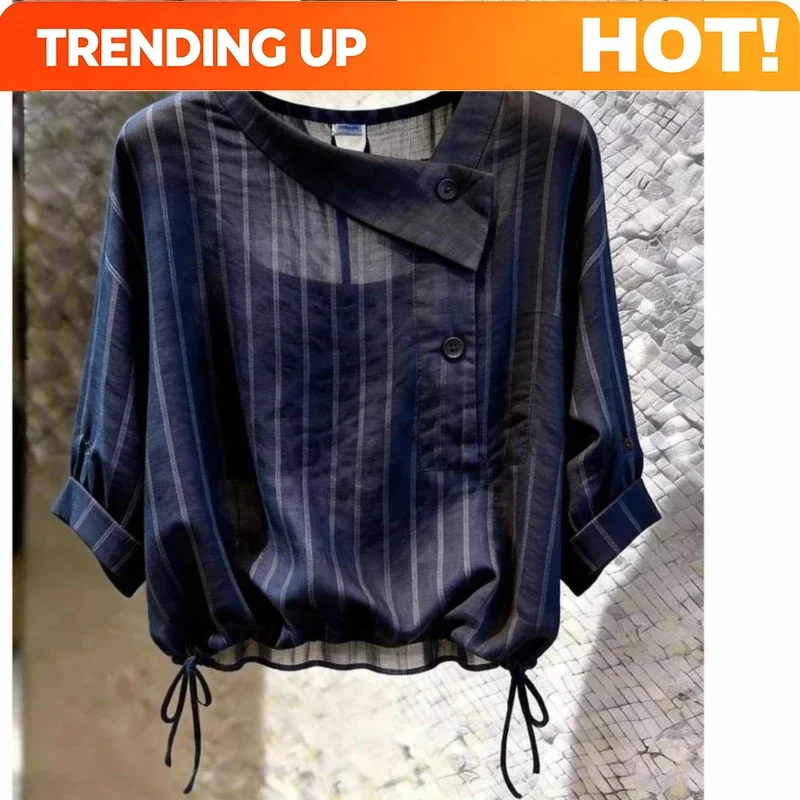 Customization Temperament Women Clothing Half Sleeve Striped Button Patchwork Blouse Summer New Irregular Elegant Shirt Tops