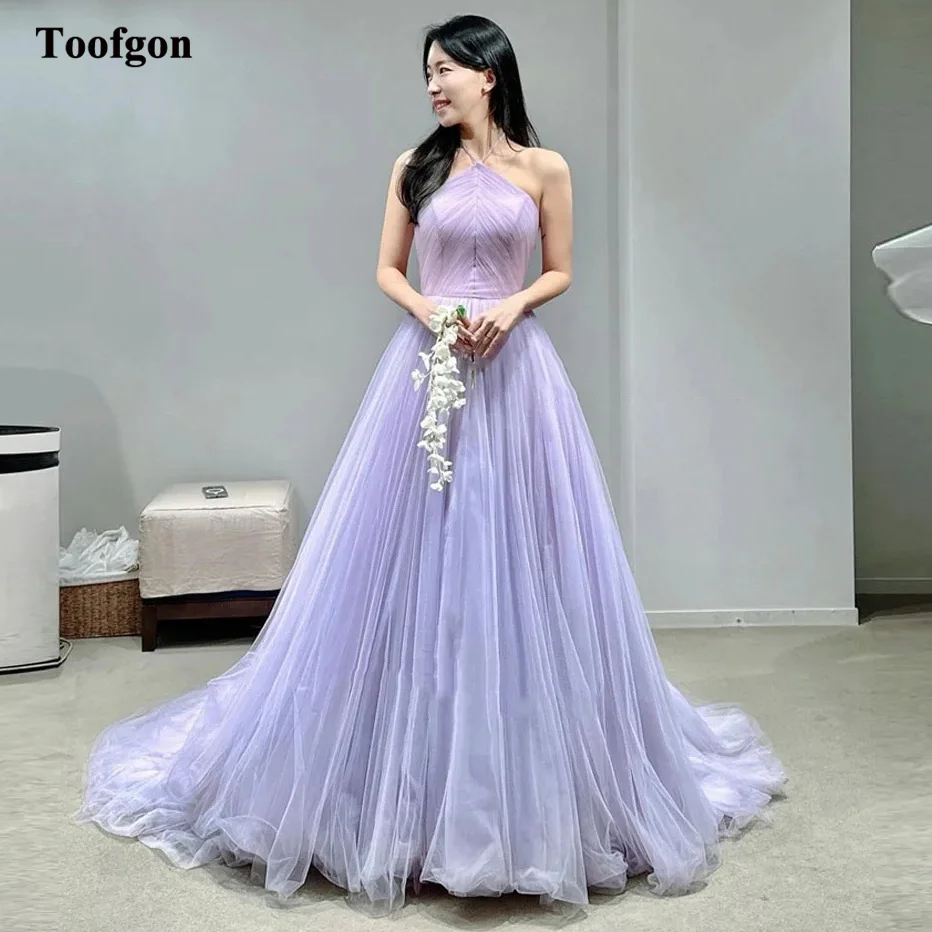 

Toofgon Simple Women Formal Prom Dresses Strapless Halter Pleated Corset Back Korea Wedding Photo Shoot Dress Evening Gowns