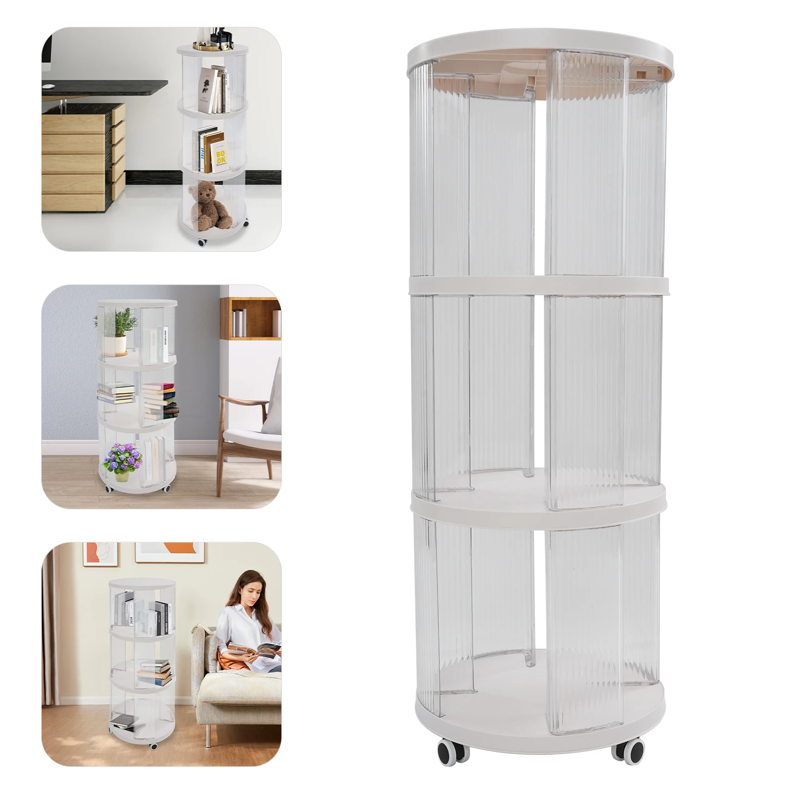 

2/3 Tier Plastic Rotating Bookshelf 360 Swivel 4 Wheels with Brakes Large Capacity for Home Office Living Room