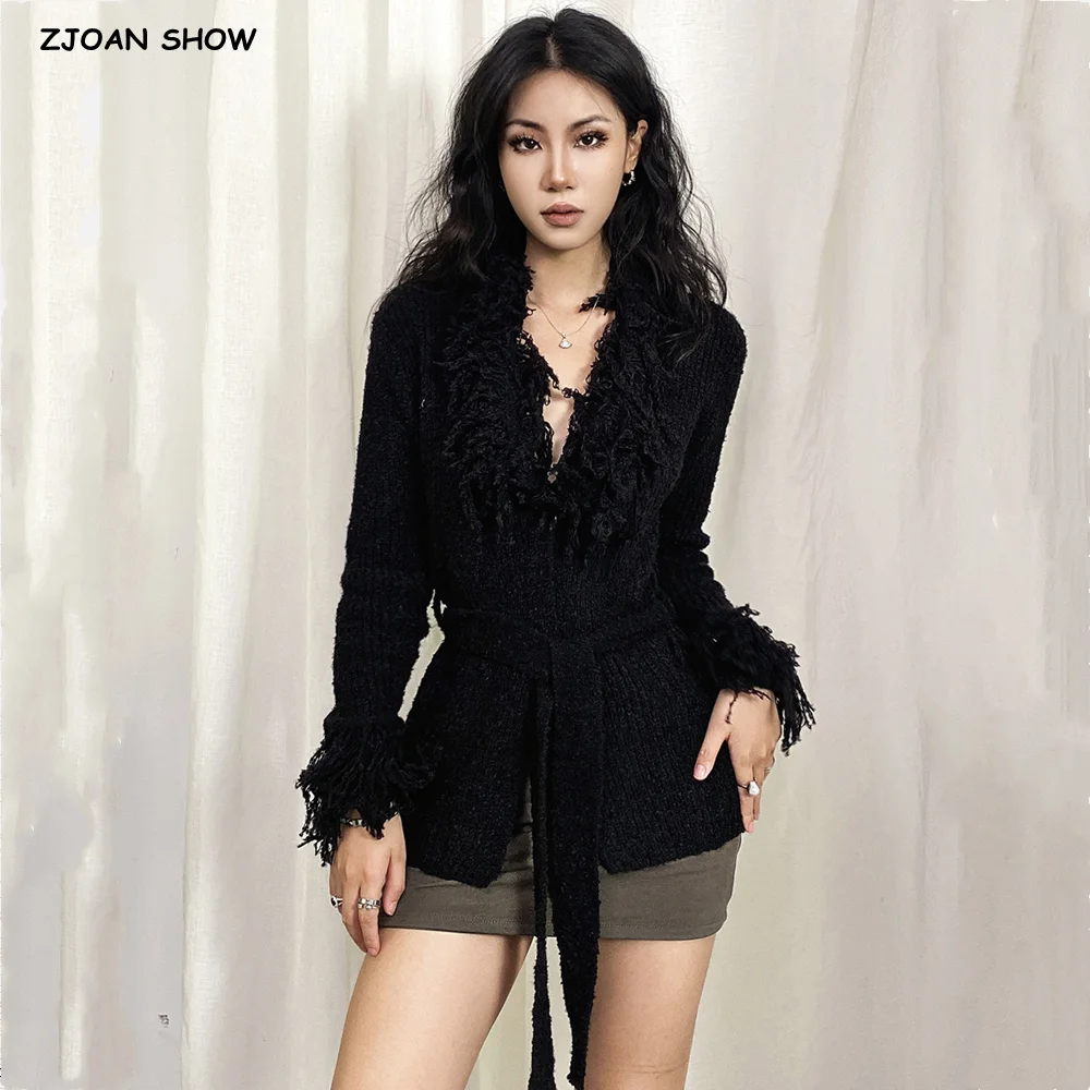 

2025 Autumn Curly Tassel V neck Tie Bow Sashes Knitted Cardigan Sweater Woman Covered Buttons Full Sleeve Jumper Loose Knitwear