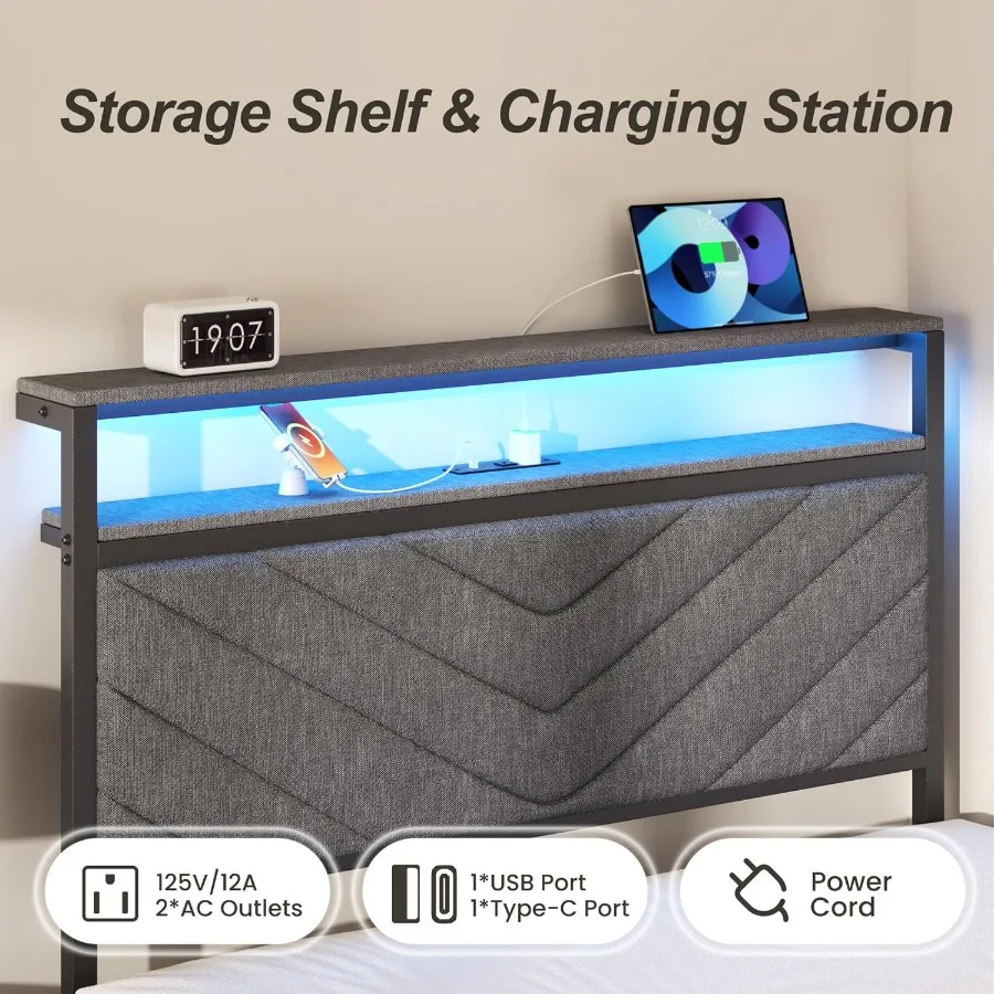 Grey Platform Bed Frame with Upholstered Headboard Twin Size Bed with Built-in Charging Station and LED Lights 2 Storage Drawer