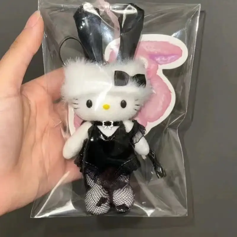 Sanrio Kawaii lapin fille Hello Kitty en peluche porte-clés dentelle noir vêtements Kitty chat bricolage décoration sac à dos porte-clés Couple cadeau