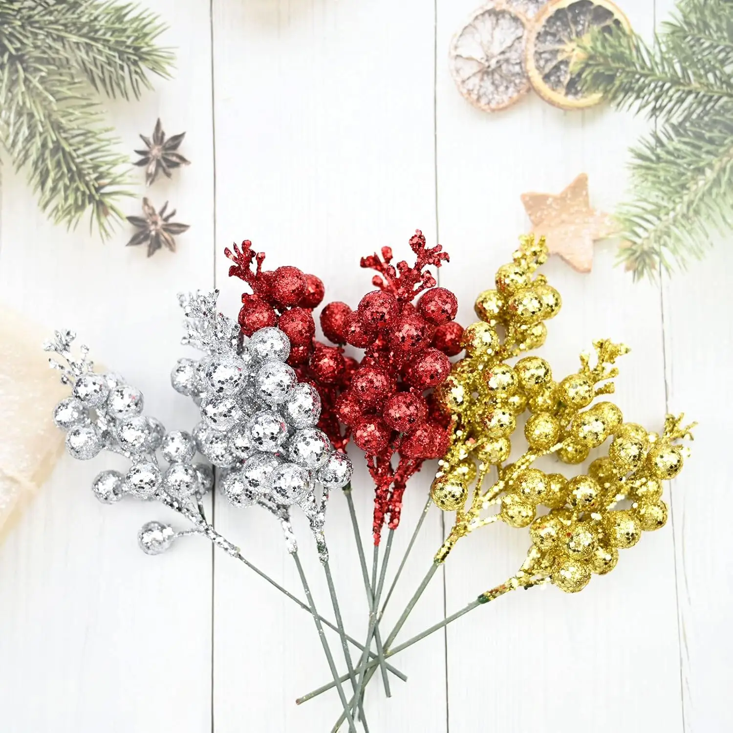 1-30Branch Glitter bacche artificiali steli polvere d'oro schiuma bacca finta albero di natale fai da te Holly Picks ghirlanda Party Table Decor