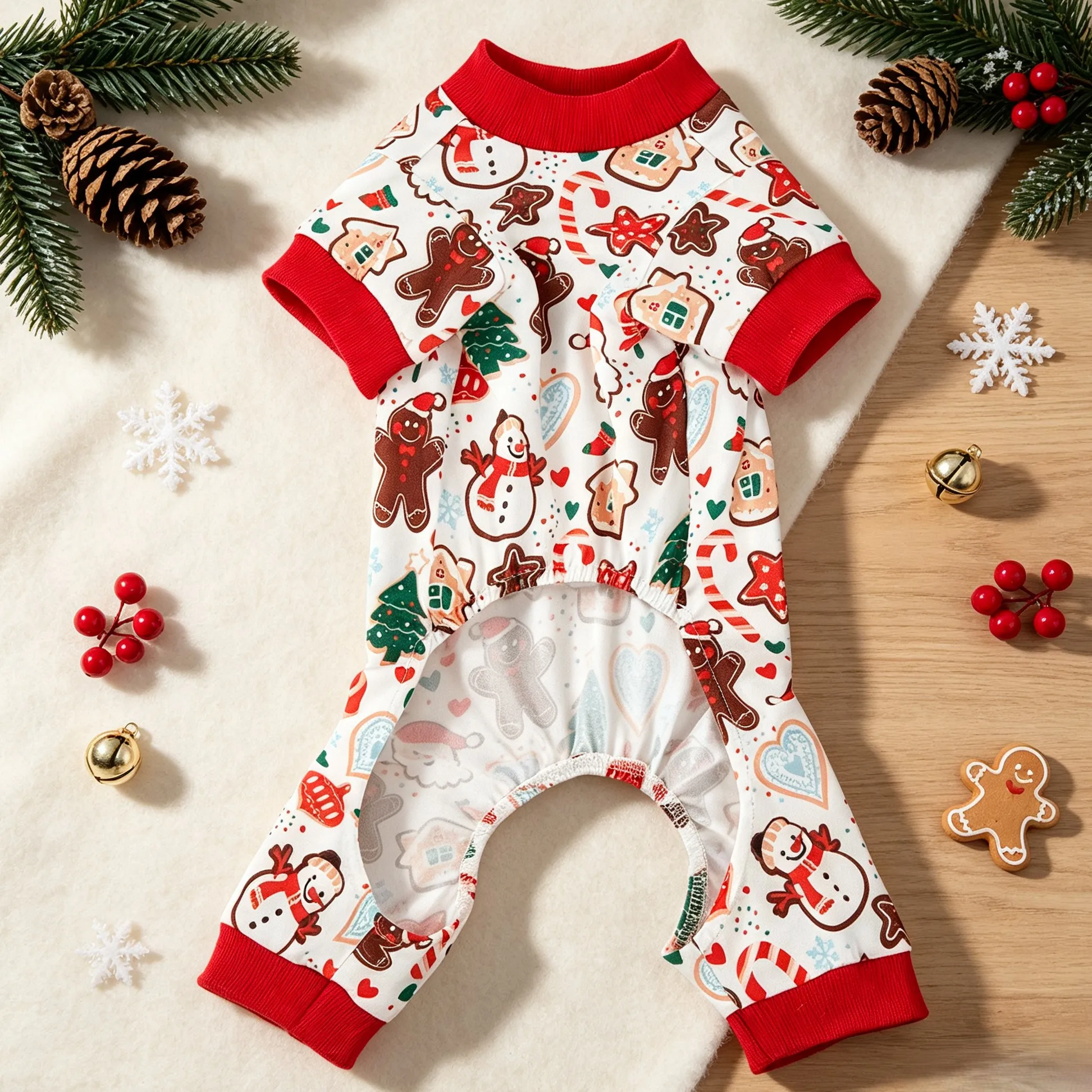 Vierbeinige Haustierkleidung, Lebkuchenmann, Schneemann, Weihnachtsmann, Weihnachtsbaum, Zuckerstange, Weihnachtsbonbon, vollflächig bedruckter Vierbeiniger Haustier-Pyjama – Detail 4
