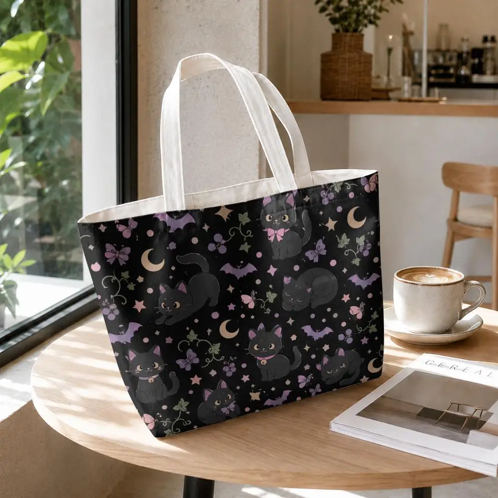 Pastel Halloween Creatures Storage Bags 2-Piece Set Double-Sided Printed Canvas Tote Bags with Zipper Shopping Shoulder Handbags