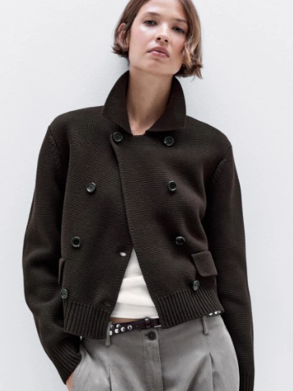 

Briti Sle Casual Cotton Knitted Open Front irt Double Row Buttons Turn down Collar Women's Faion Autumn Wear