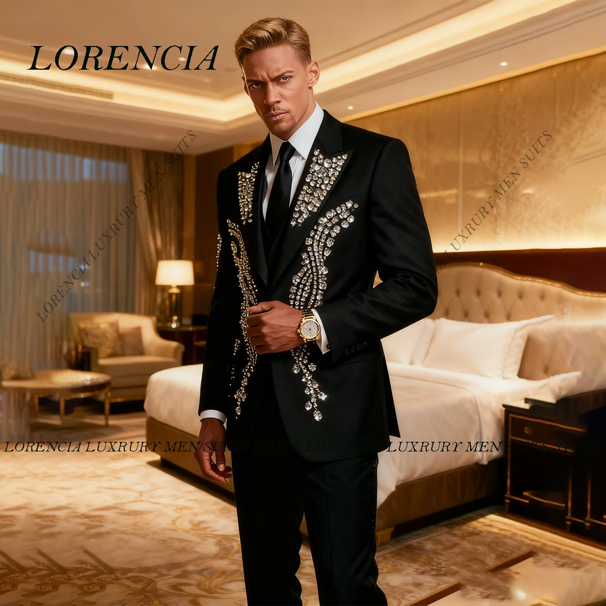 

Customized Luxury Diamond Beaded Men Suit Slim Fit Wedding Tuxedos 2 Pieces Sets Groom Male Blazers Shawl Lapel Ropa hombre