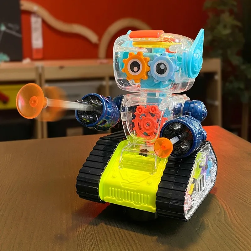 男女向けのおもちゃギフト、砲弾を発射できる透明ギアロボット、照明、音楽、電動ユニバーサルカー