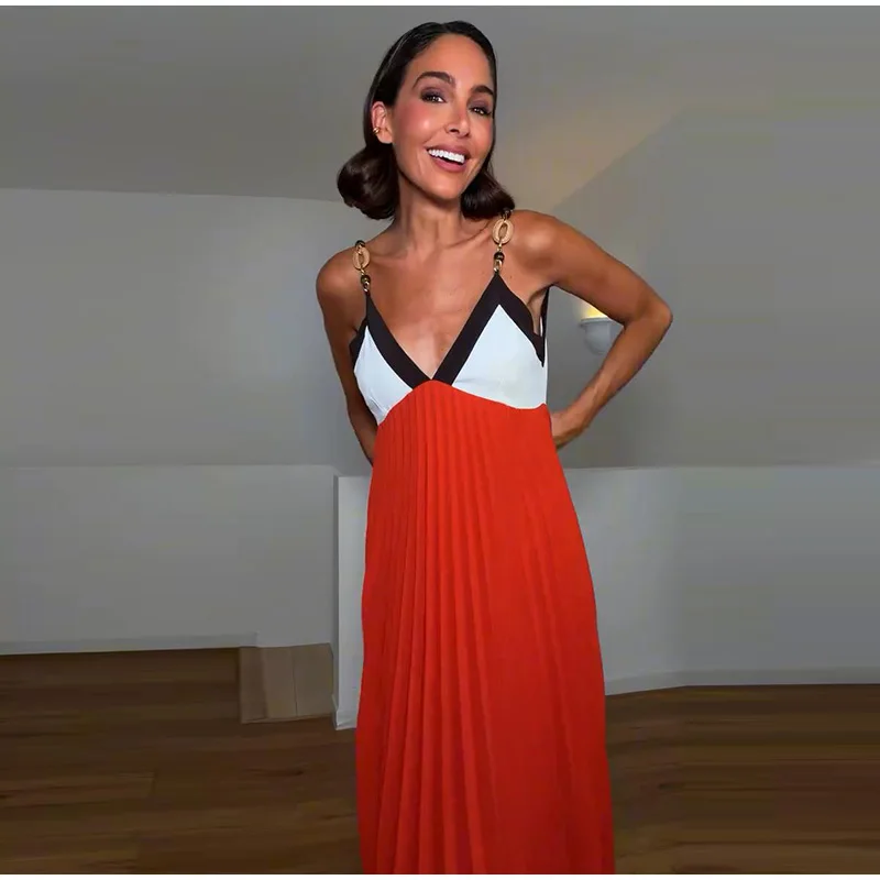Kettenmuster-Maxikleid mit Spaghettiträgern, Farbblock-Design, V-Ausschnitt, A-Linie, Locker Geschnittenes Langes Kleid für Gäste und Partys, Sommermode 2026, Elegantes Abendkleid – Detail 9