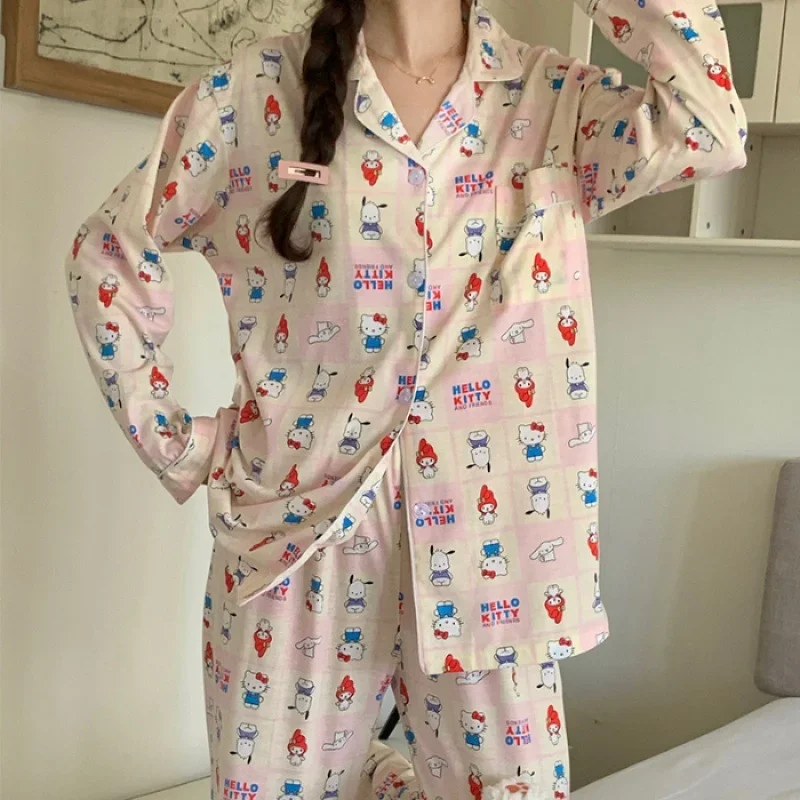 

Sanrio Hello Kitty Autumn Cotton Long Sleeve Pants Loungewear Women's Pajamas Two-piece Set Carton Silk Pajamas Women's yj