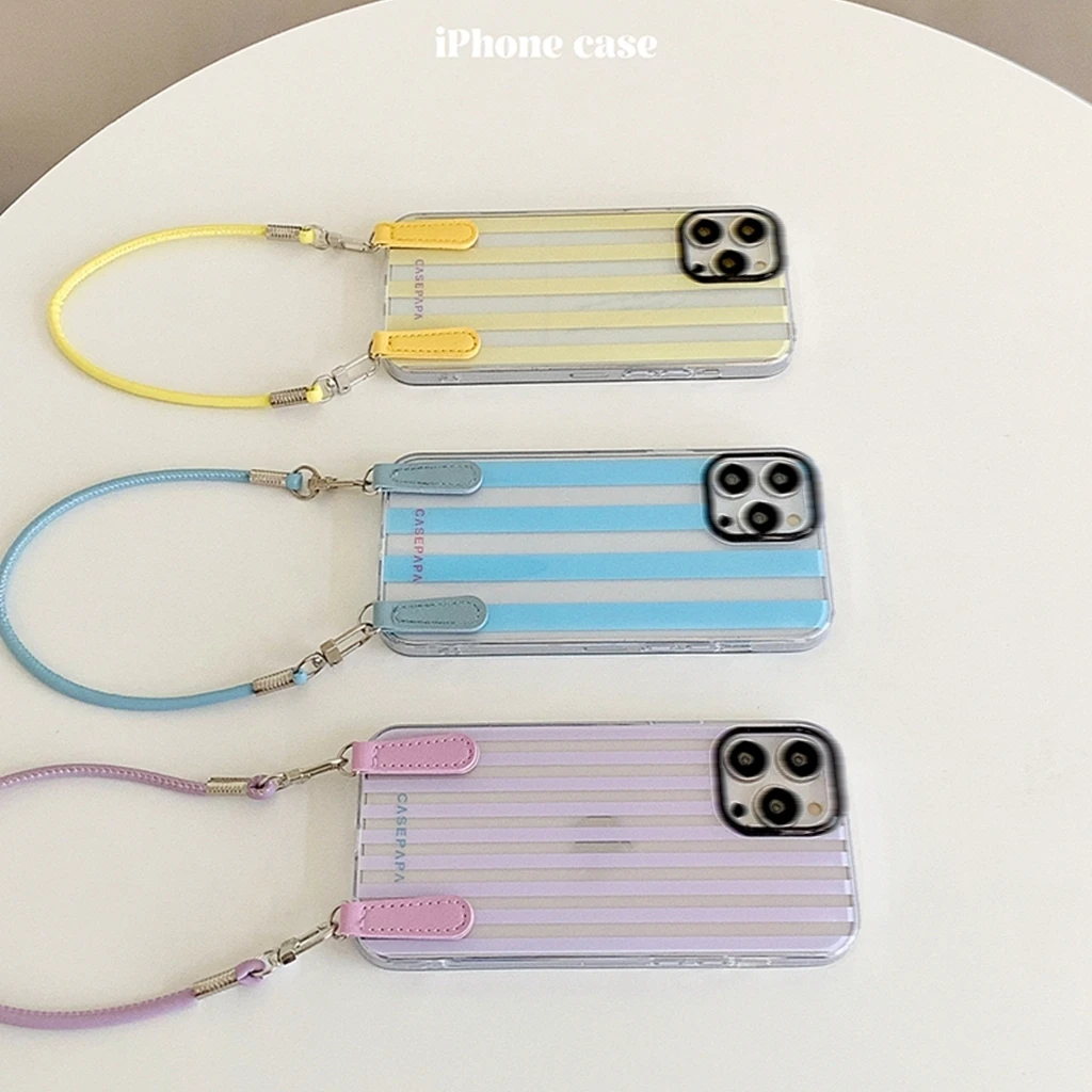 

Simple Colored Striped Transparent With Lanyard Shockproof Protective Phone Cover Case for iPhone 16 15 14 13 Pro Max