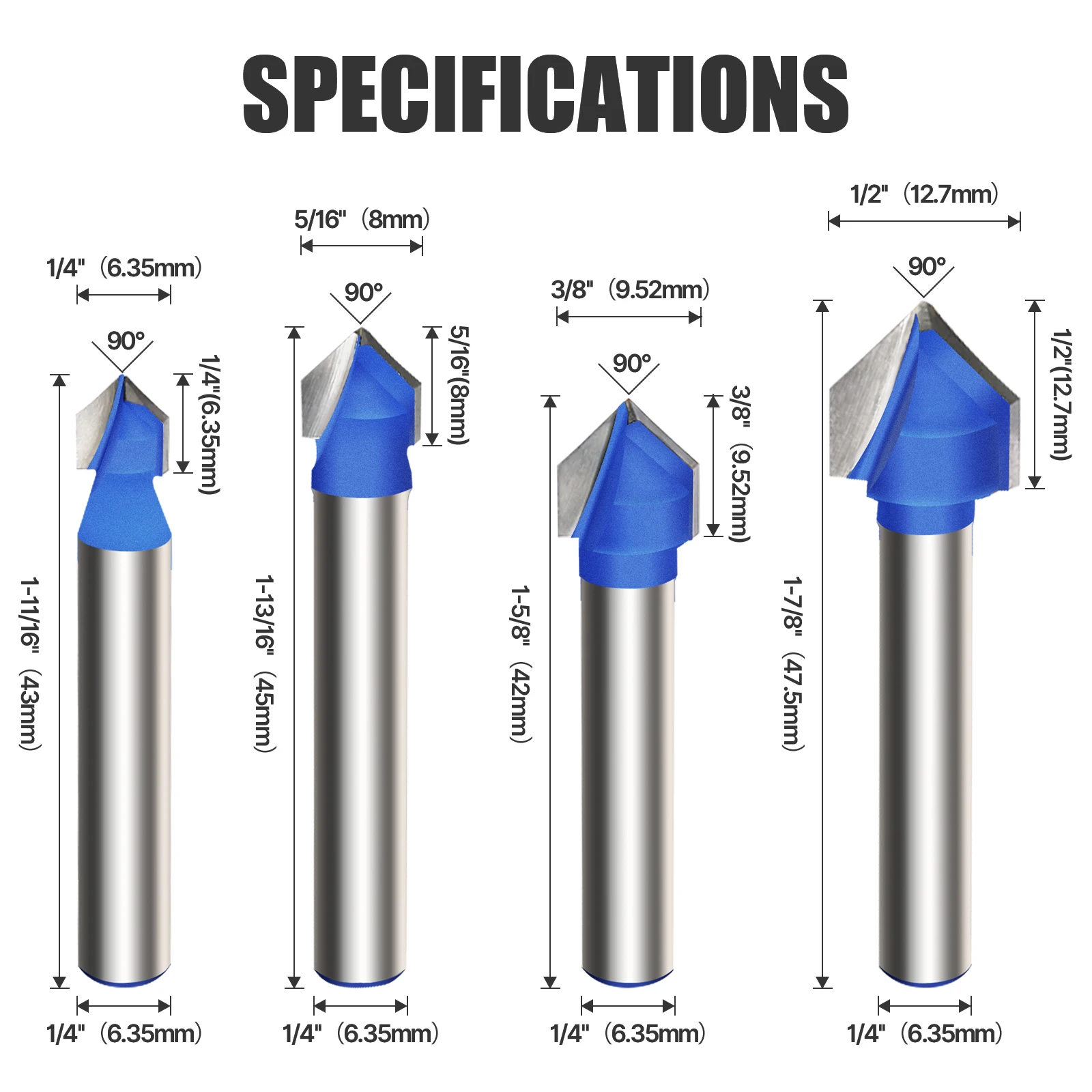 6.35mm 1/4in Shank 90 Degree V Type Slotting Cutter Router Bit CNC Solid Carbide Woodworking Milling Cutter Carving Grooving Too