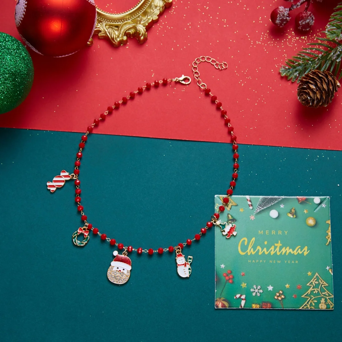 Weihnachtsbaum, Schneemann, Weihnachtsmann, Kranz, rote Kristall-Halskette für Damen und Herren, Weihnachten, Schneeflocken, Glocken, Hirsch, Halsband, Neujahrsschmuck – Detail 23