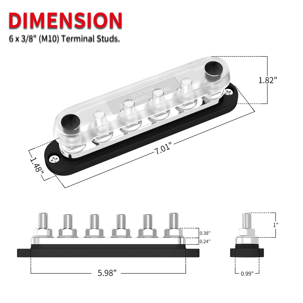 DaierTek 300A Negative Bus Bar 12V Distribution Block 6 x 3/8\