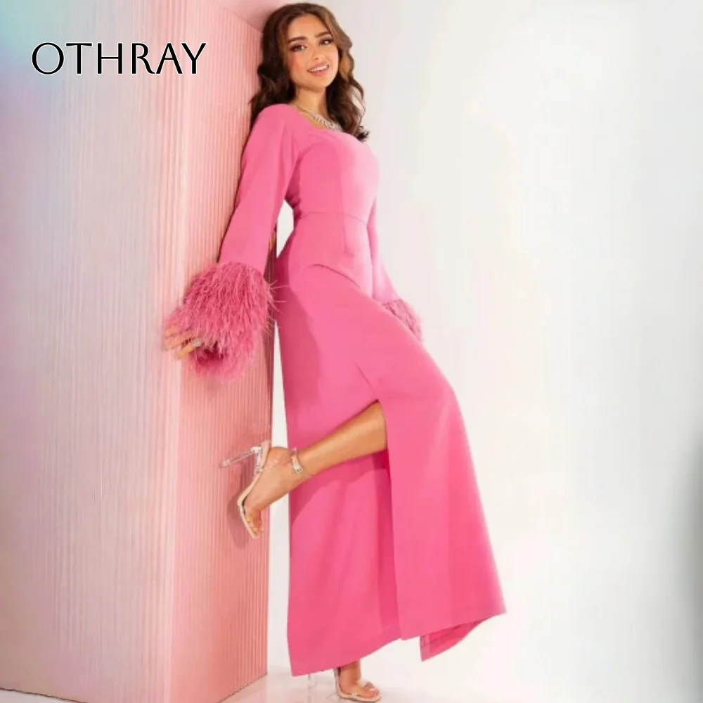 Othray quadrado pescoço manga longa fenda feminino elegante formal festa vestido de noite vestidos de gala rosa vestido de baile penas