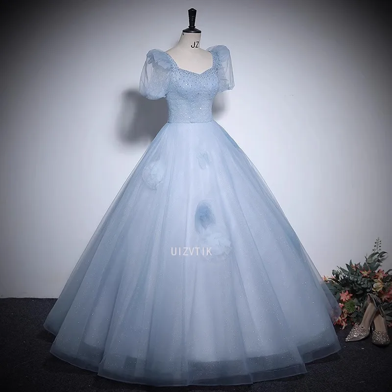 فستان حفلة موسيقية من التول الأزرق الأميرة ألف خط فساتين الأداء للنساء طول الأرض ثوب عيد ميلاد 15 Quinceañera ثوب التخرج