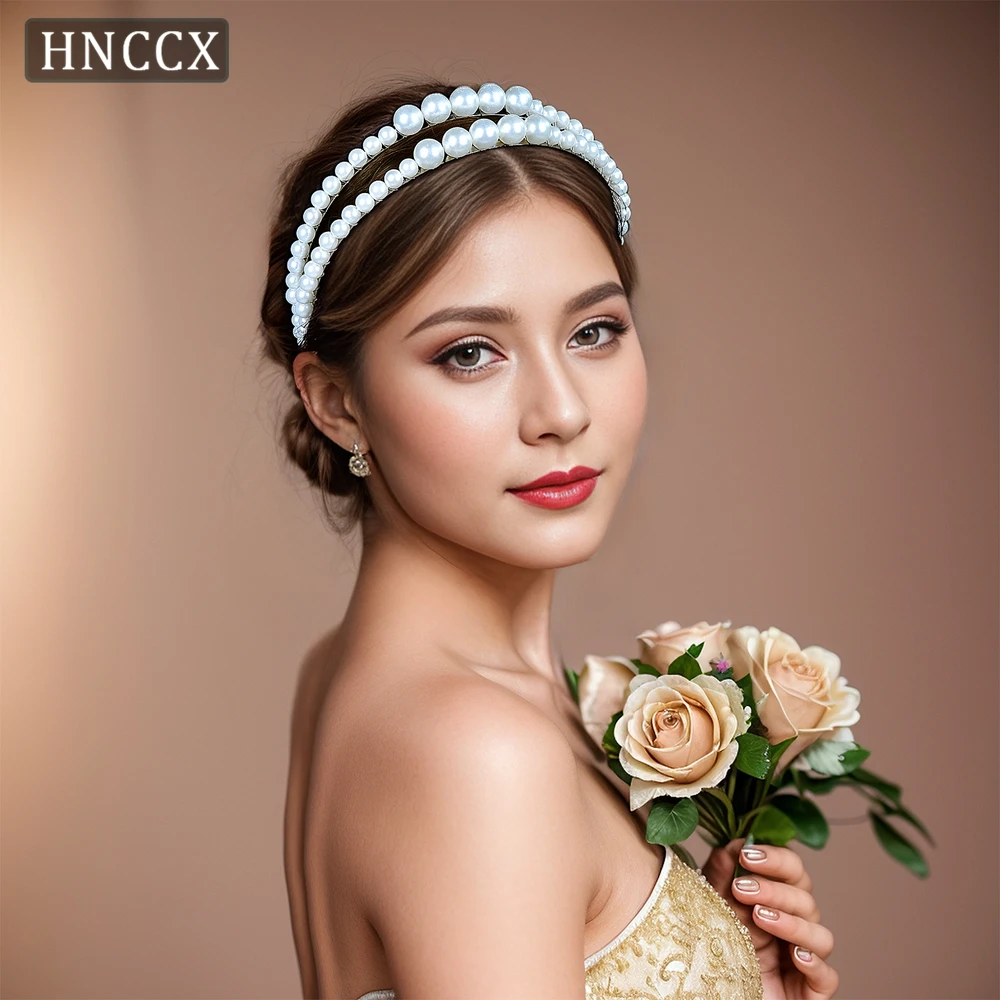 HNCCX Bridal Full Pearl Hair Hoop Wedding Headbands White Color Beaded Headwear Hair Accessories Bride Headdress For Women CP659