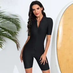 Sexy Zipper One Piece Swimsuit Women Short Sleeve Rashguard Plus Size Swimwear Bodysuit Beach Wear Sport Surfing Bathing Suit XL