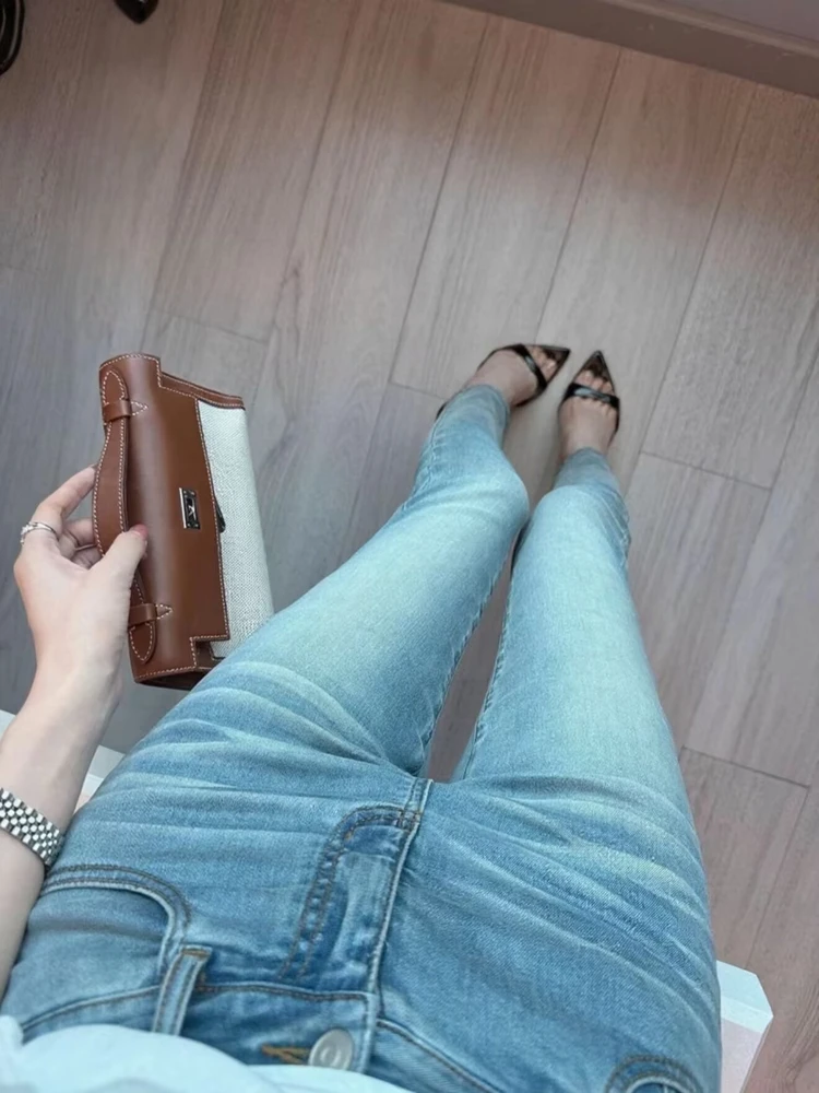 

High Waist Stretchy Slimming Denim Jeans Korean Cartoon Print Sexy Girl Nine Points Waed Butt Lifting Pencil Pants