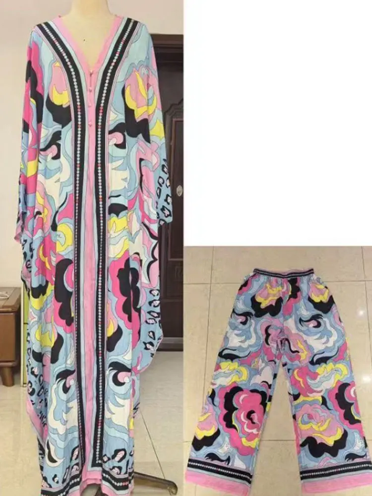 Retro V-neck bat sleeve plus size long coat blouse printed women's elastic waist straight pants spring and summer holiday suit
