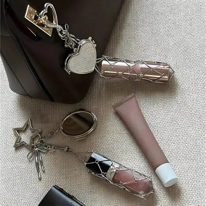 Stainless Steel Metal Net Pocket Lipstick Bag Keychain Interchangeable Silver Color Lip Balm Bag Key Chain Charm Bag Accessories