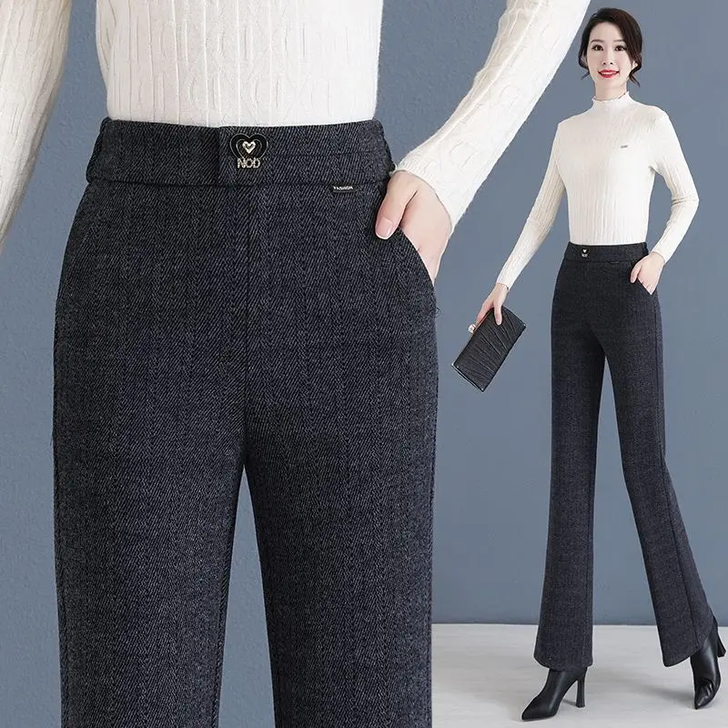 

Autumn Winner New Woolen Flare Pants Women Solid Pockets Elastic High Waist Casual Plus Velvet Thicken Straight Wide Leg Trouser