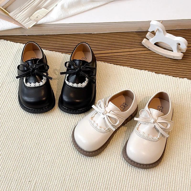 

2026 Spring Autumn Children Dress Shoes New Lace Trim Bow Girls Princess Flat Shoes Fashion Wedding Party Kids Mary Jane Shoes