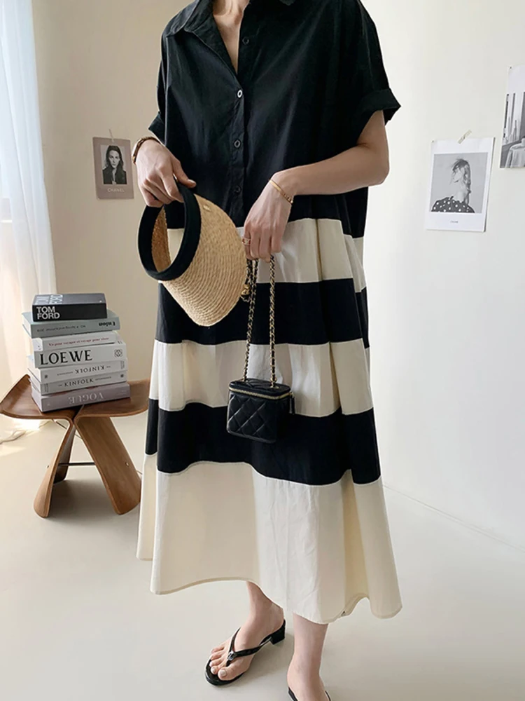 

Lapel Color Contrast Women Dress Single Breasted Loose Short Sleeve Shirt Dresses 2024 Summer New Tide Patchwork Vestido