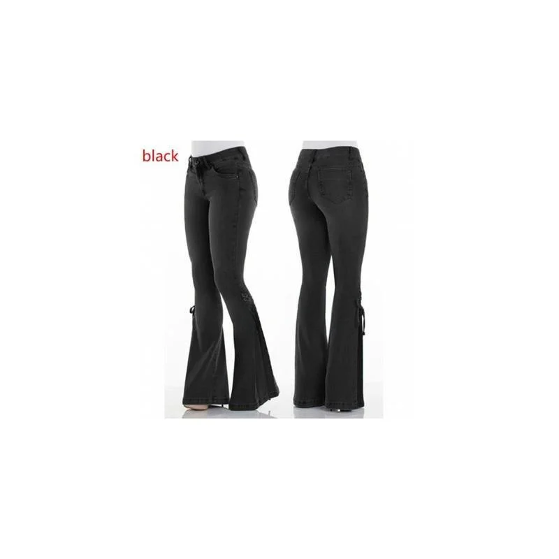 Celana Jeans Wanita Slim Fit Pinggang Sedang Elastis Model Ikat Ukuran Besar Plus Size Model Bell Bot Hangat Musim Gugur Musim Semi