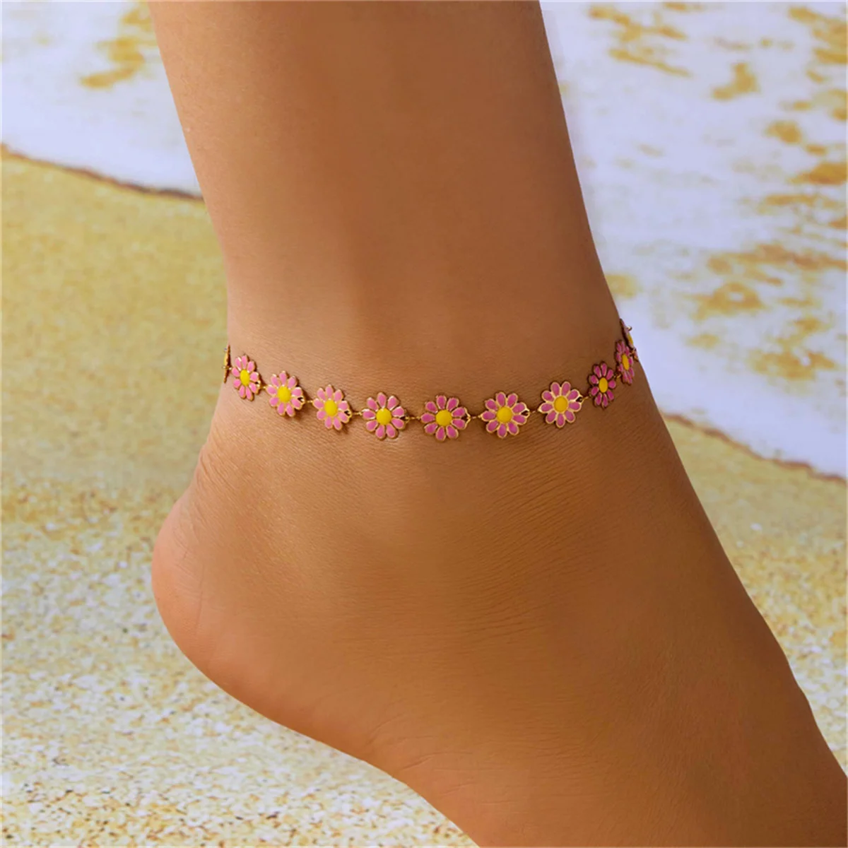 Sweet Daisy Flower Anklets For Women Colorful Sunflower Sandals Barefoot Ankle Bracelet Summer Beach Floral Foot Chain Jewelry