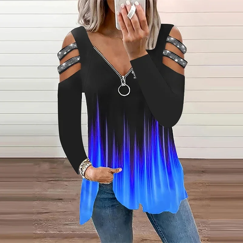 Gradientowy zamek błyskawiczny V Neck T-shirt Casual Loose Off Shoulder Long Sleeve Fashion T-Shirts Tops Odzież damska