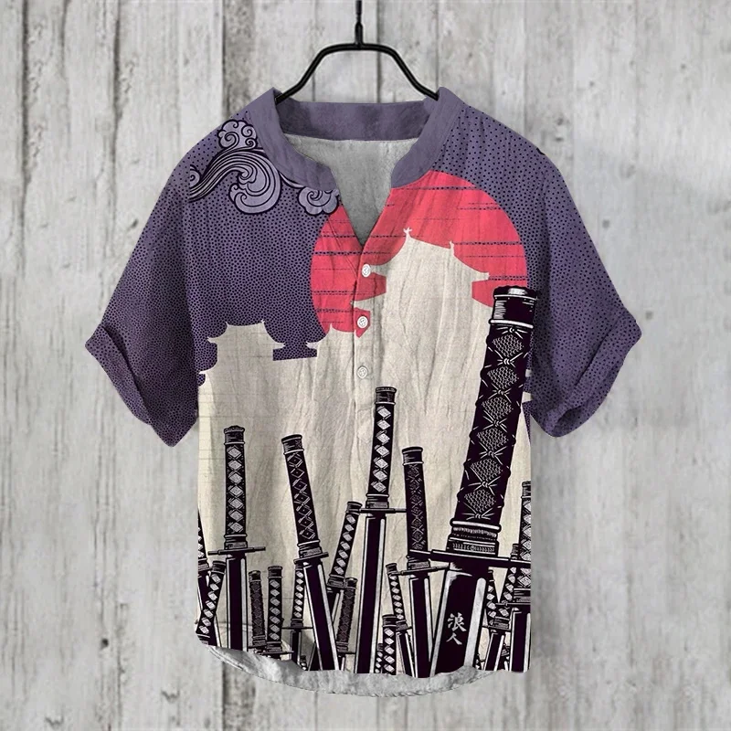 Ukiyo-E Street Trend Heren High-End Bedrukt Linnen Korte Mouwen Zomer Dunne Vintage V-Hals Met Halve Mouwen Losse Casual Top