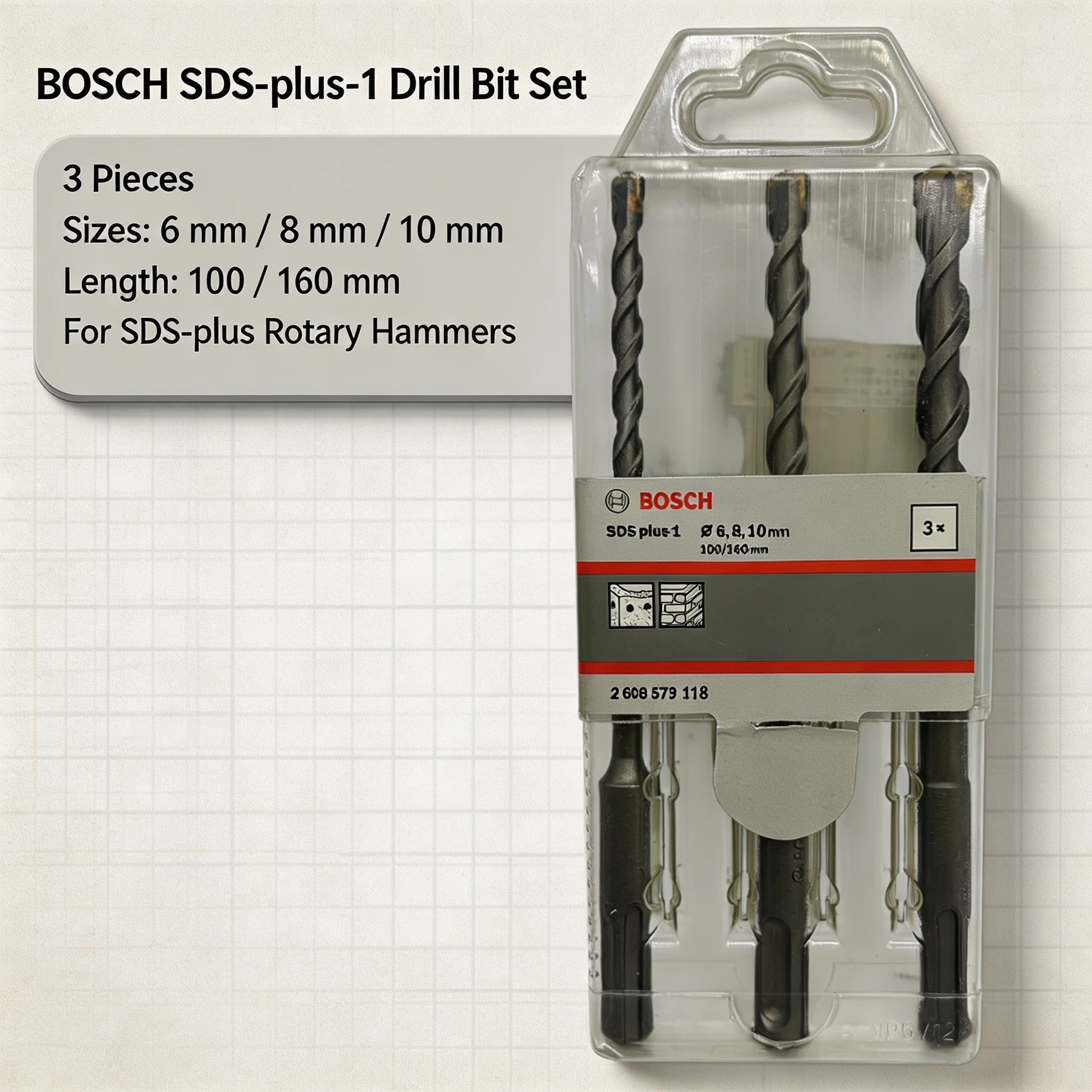 BOSCH 2608579118 SDS-Plus-1 Ensemble de forets pour marteau perforateur 3 pièces 6/8/10 mm pour maçonnerie et béton, outil de forage haute performance