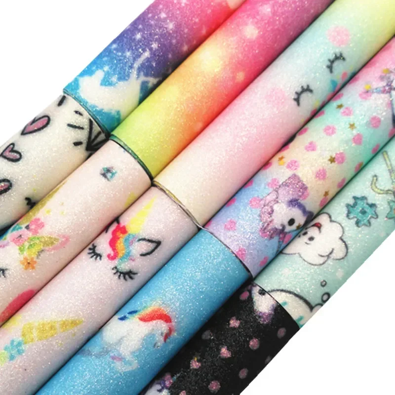 Unicorn Rainbow Printed Fine Glitter Faux Vinyl Leather Fabric Knited Backing Leather For Bow DIY 21X29CM FZ221